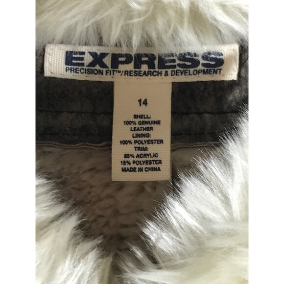 Express Women's Brown Distressed Leather Faux Fur Bomber Aviator Chore Jacket - Picture 4 of 9